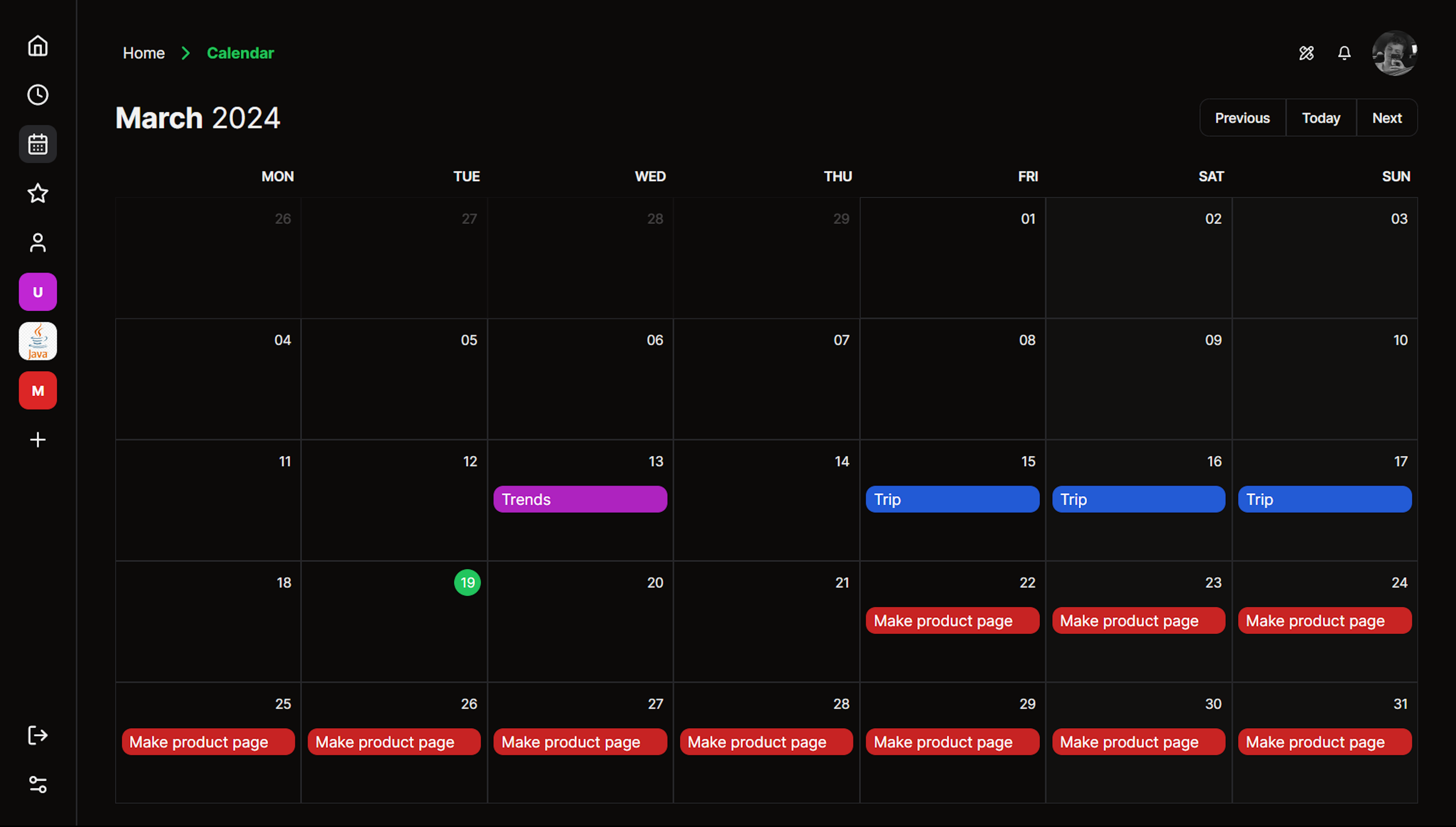 calendar - dark theme