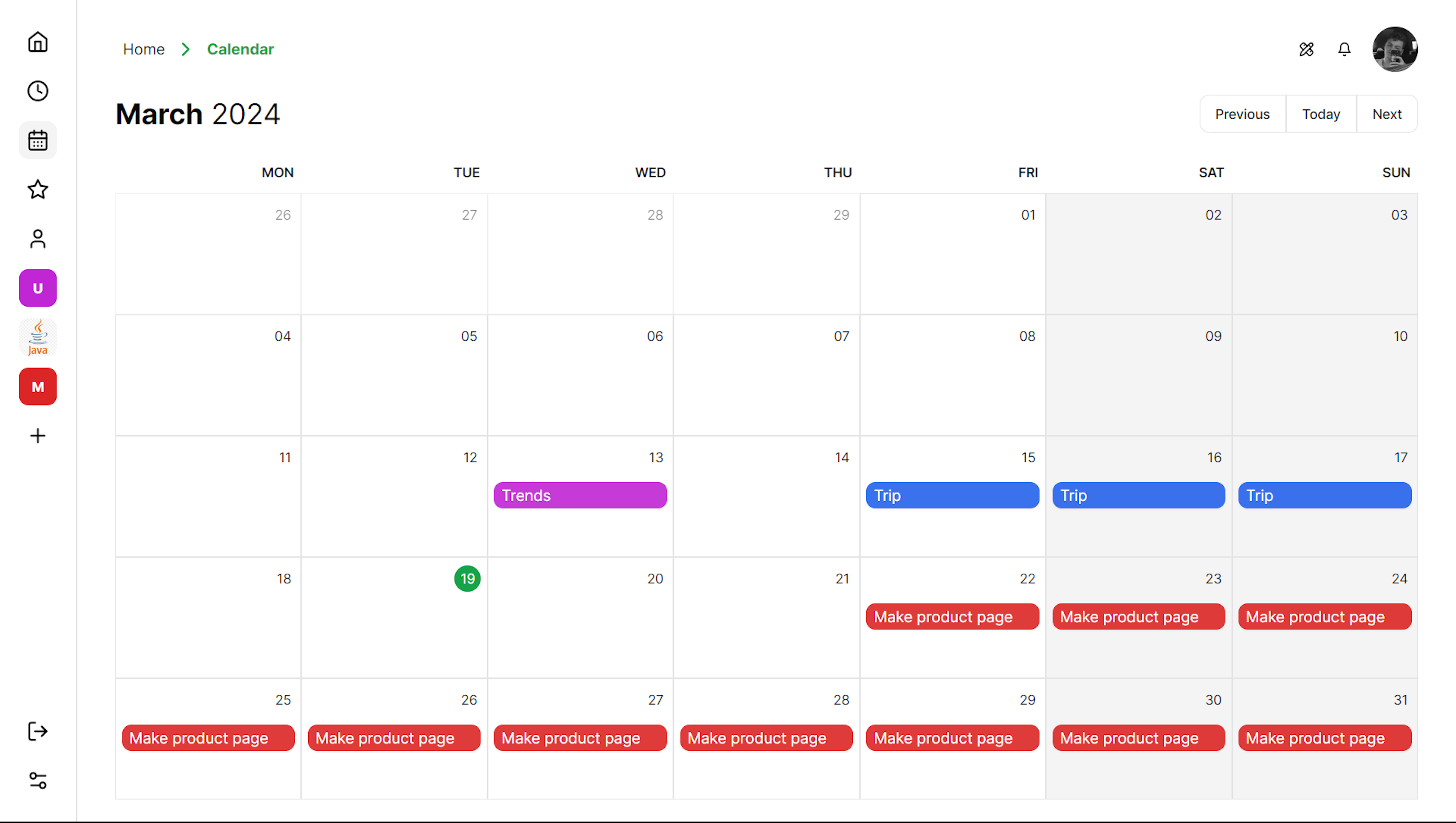 calendar - light theme