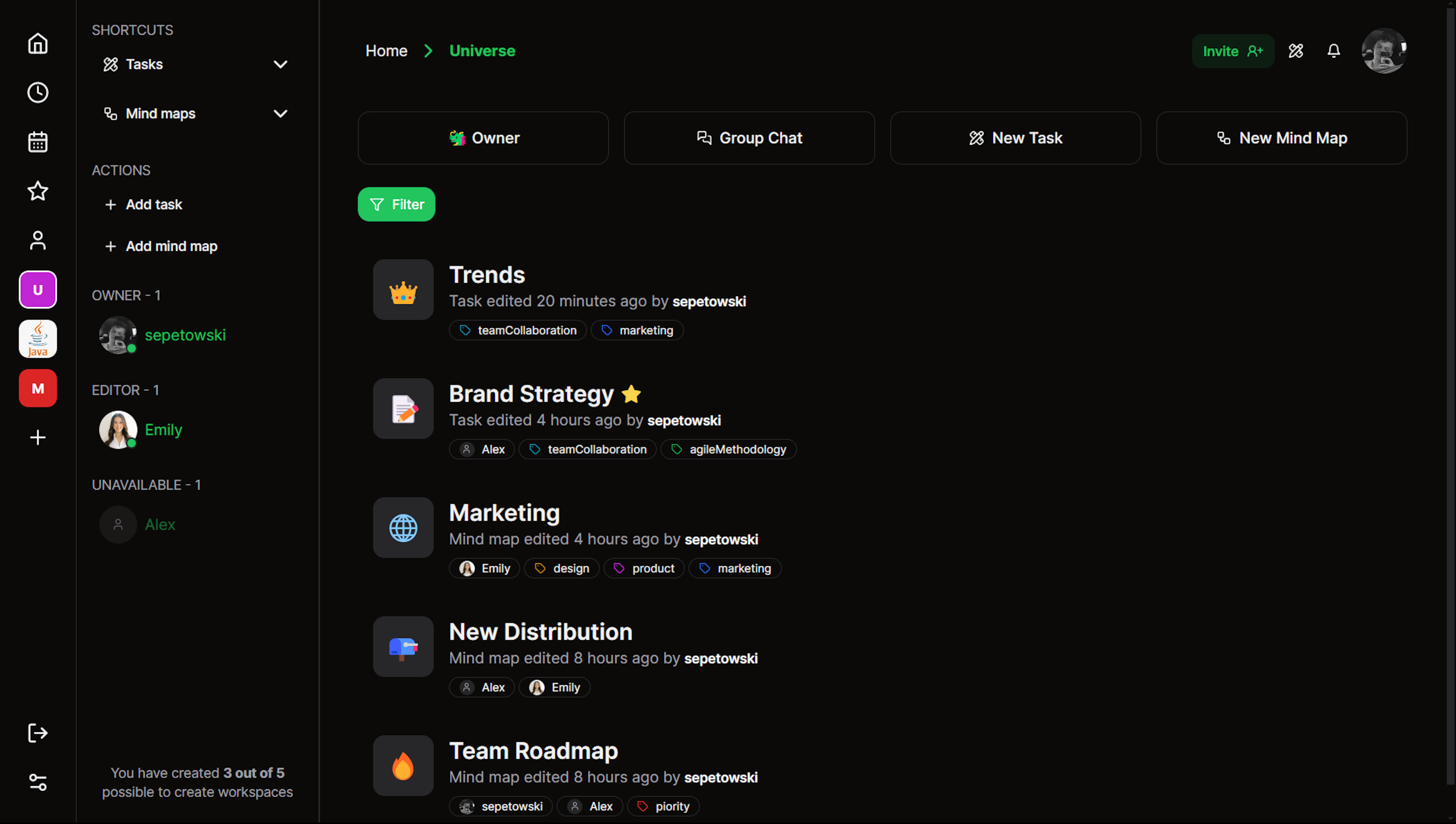 Workspace page - dark theme